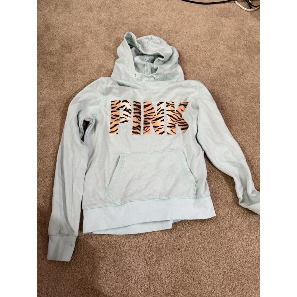 Womens Victorias Secret Pink Light Blue Hoodie W/ TIger Print PINK Logo Medium